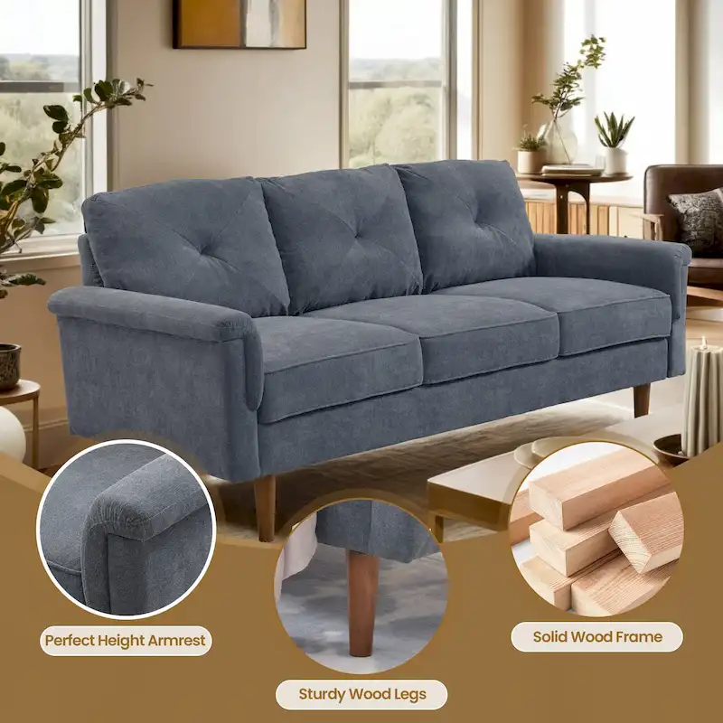Mid-Century 3-Seat Upholstered Sofa with Wood Legs