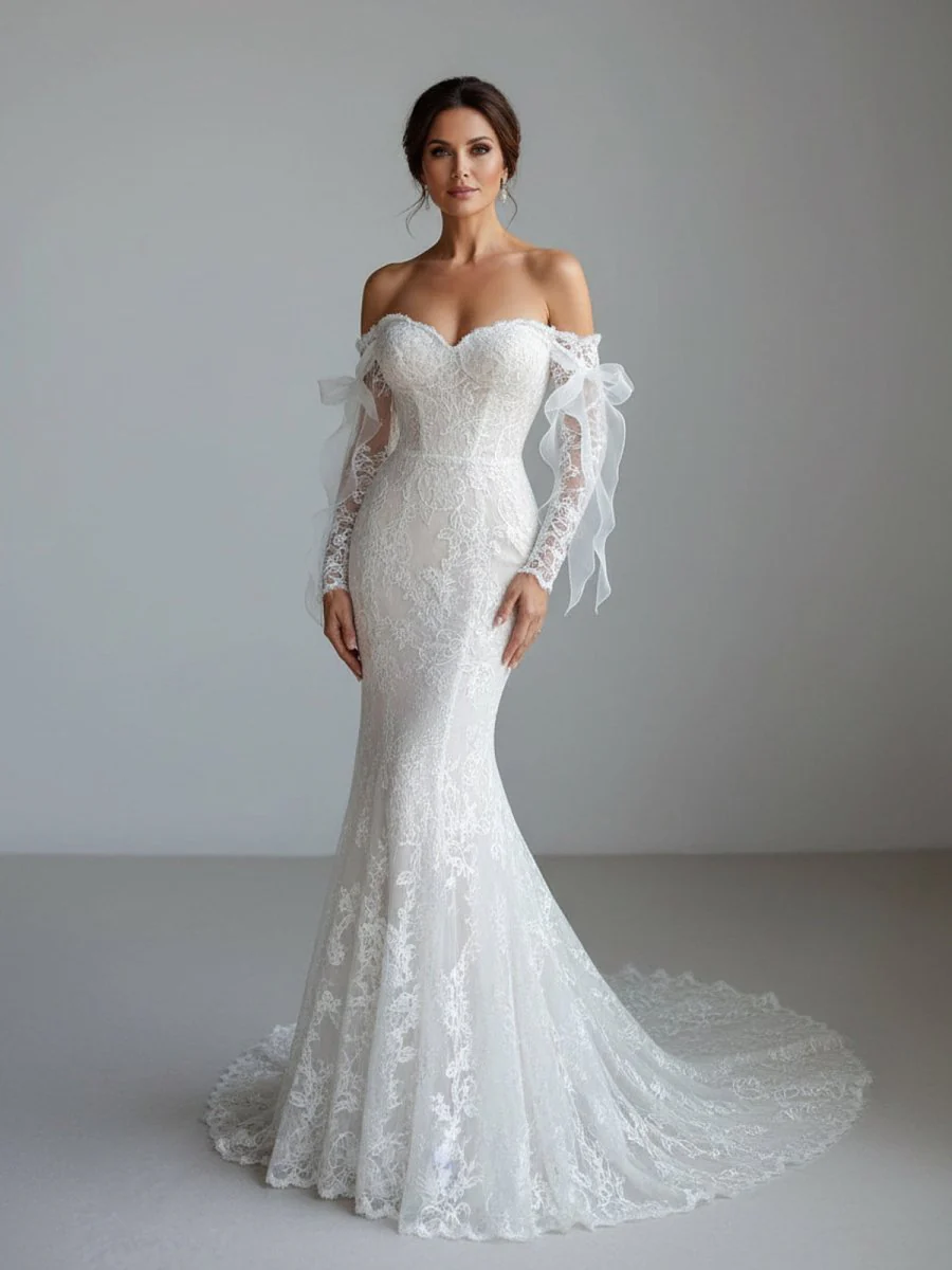 Lace Mermaid Covered-Button Long Sleeve Train Wedding Dress