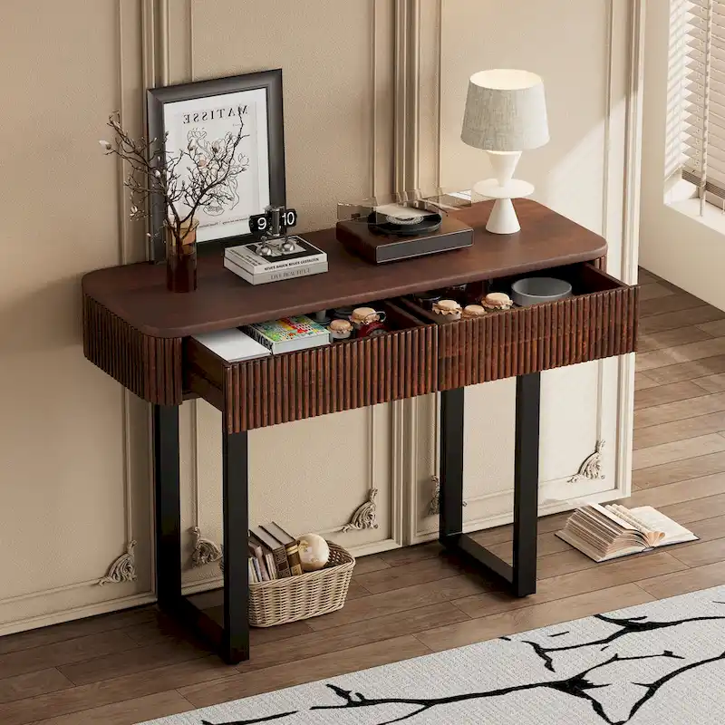 Solid Wood Entryway Table with Fluted Design,Honey and Black