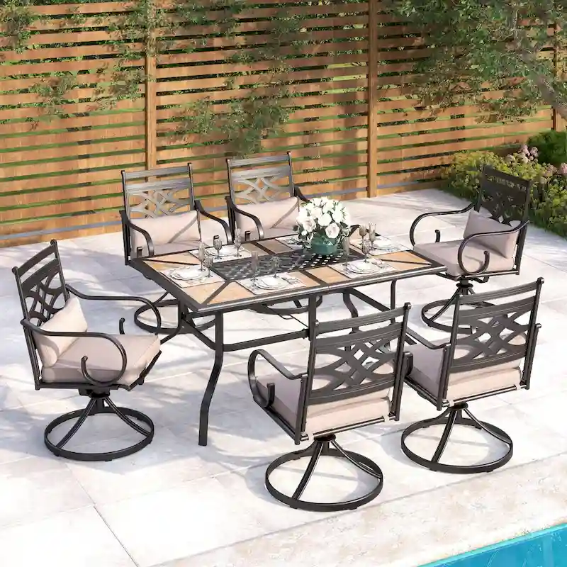 MAISON ARTS 7-Piece Outdoor Dining Set Geometric Rectangle Table & Elegant Cast Iron Pattern Swivel Dining Chairs
