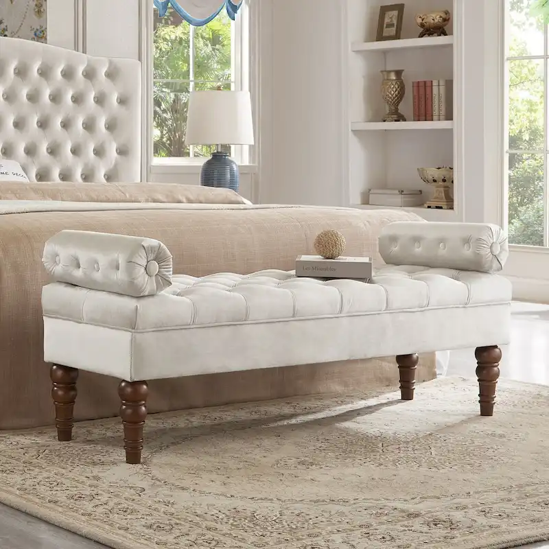 Velvet Long Bed Bench for Bedroom,Upholstered Window Bench with Tufted Button,Entryway Bench,Bolster Bench for Living Room
