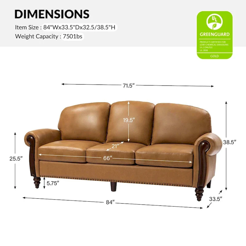 84 Traditional Genuine Leather Sofa with Carved Wood Legs