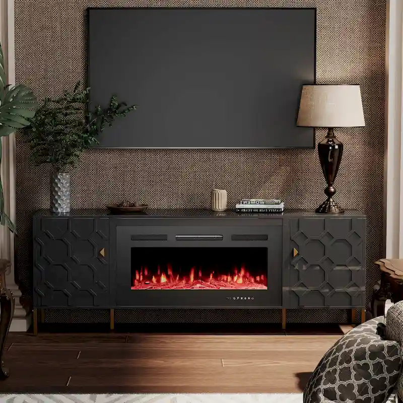 Clihome High Gloss Storage 70 TV Stand with 36 Electric Fireplace