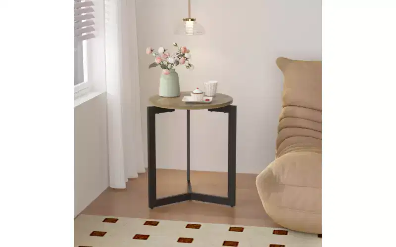 GDFStudio Barret 19.68''H Wood Round End Table with Sturdy Metal Frame