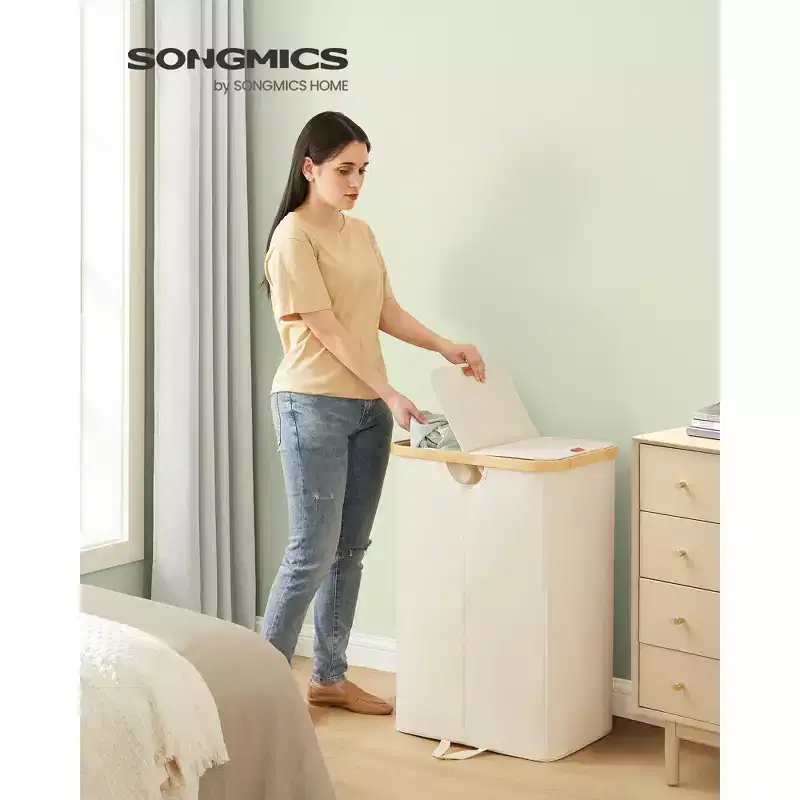 Laundry Hamper with 2 Lids, 39 Gal Dual Compartment Basket with Removable Liners, for Laundry Room Bedroom Living Room