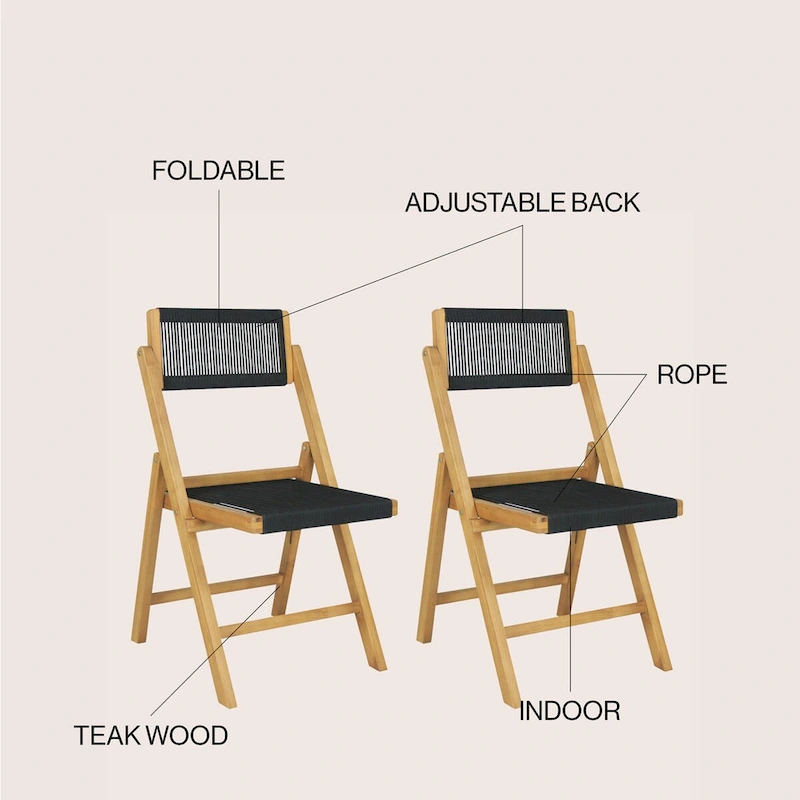 Kiawah Coastal Modern Wood Roped Folding Chair with Adjustable Back, Black/Natural (Set of 2) by JONATHAN Y