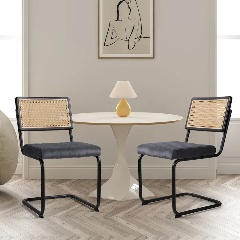 Velvet Upholstered Rattan Dining Chairs Set of 2/4