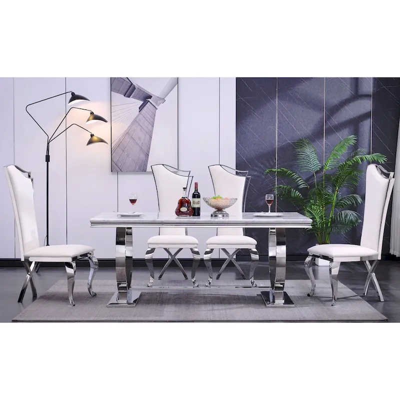 Dining Table with Circular Pedestal Base - Marble Texture Top, Seats 4-8 (Black/Grey/White)