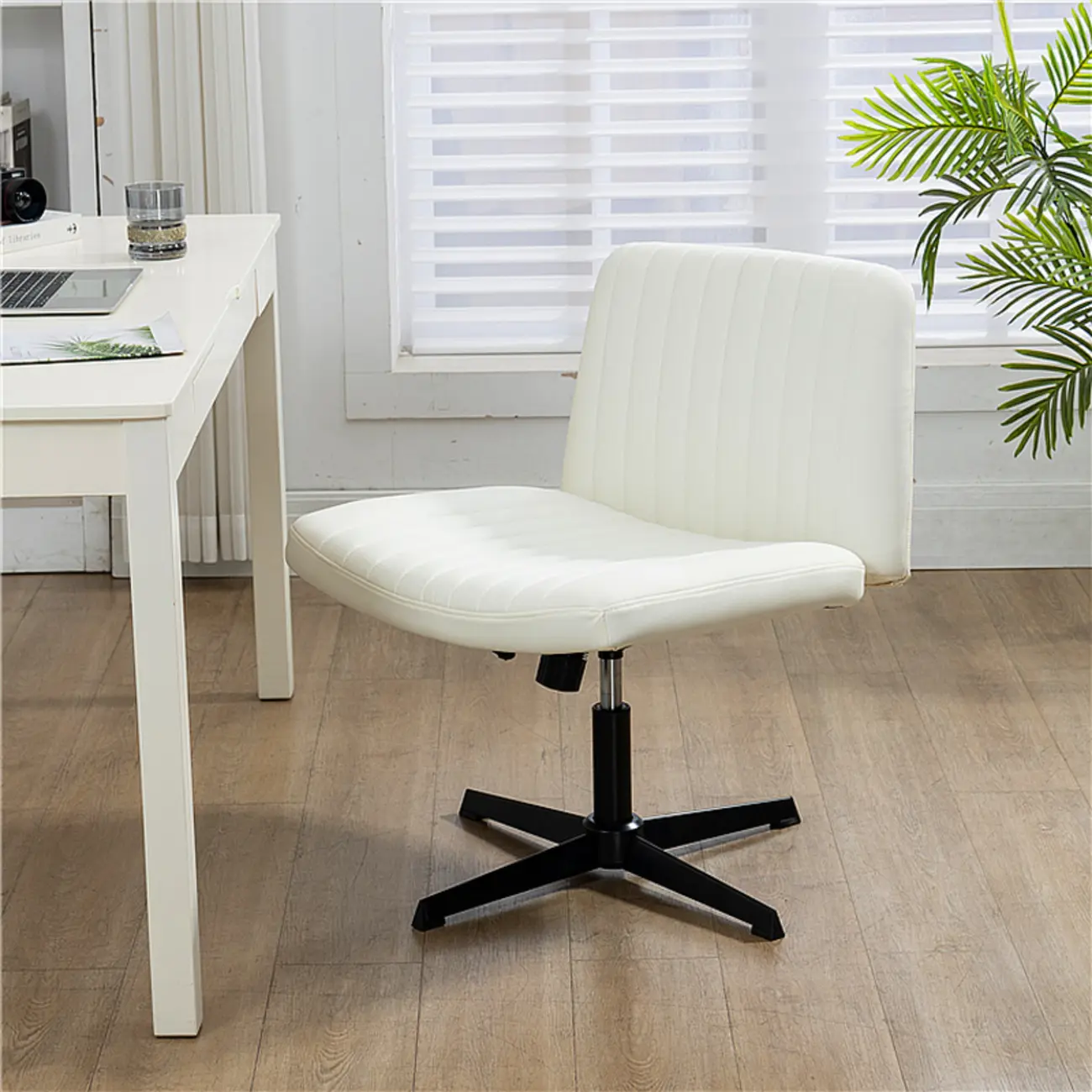 Low-Back White Upholstered Adjustable Swivel Office Chair