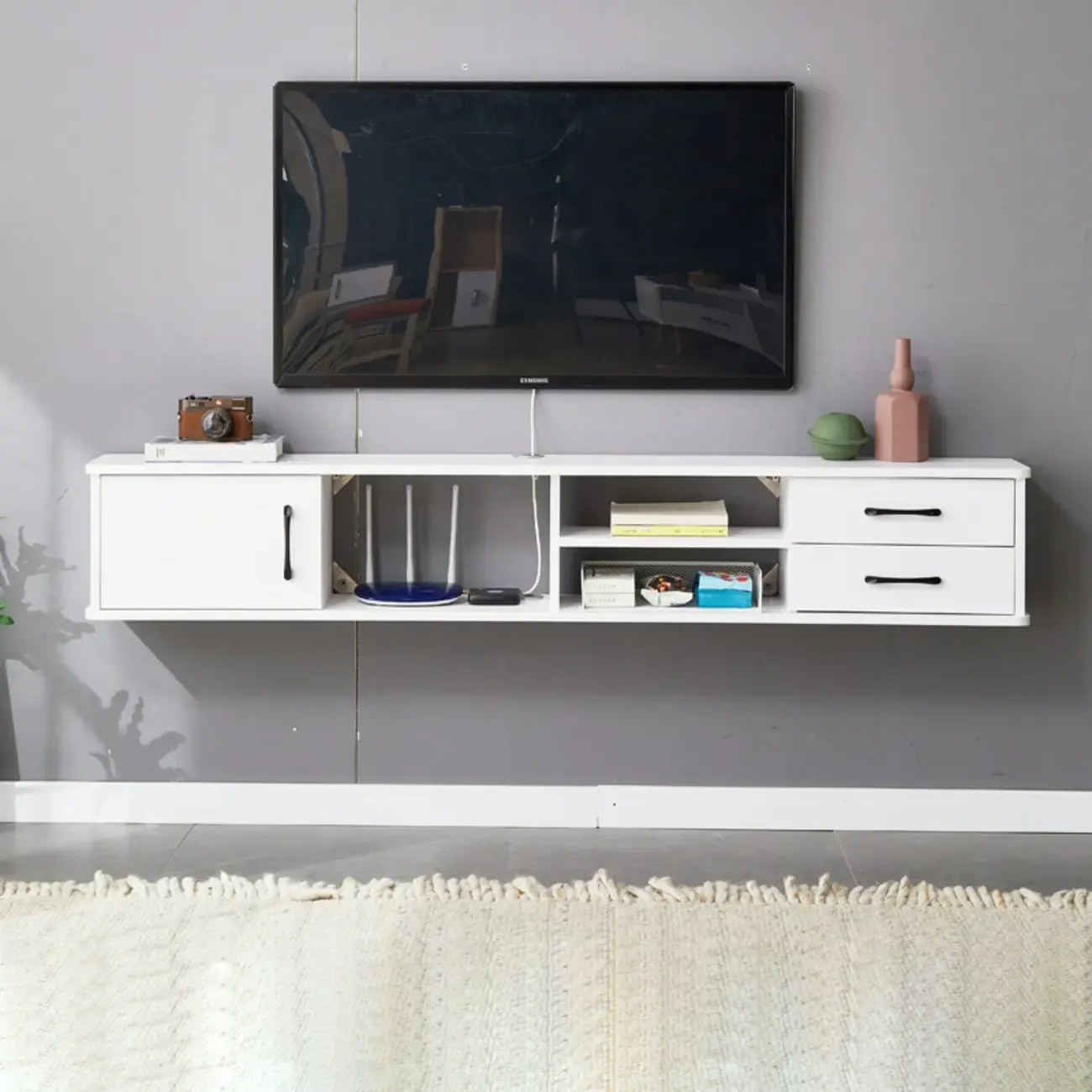 59 Grey Wooden Open Shelf Floating TV Stand with Drawers