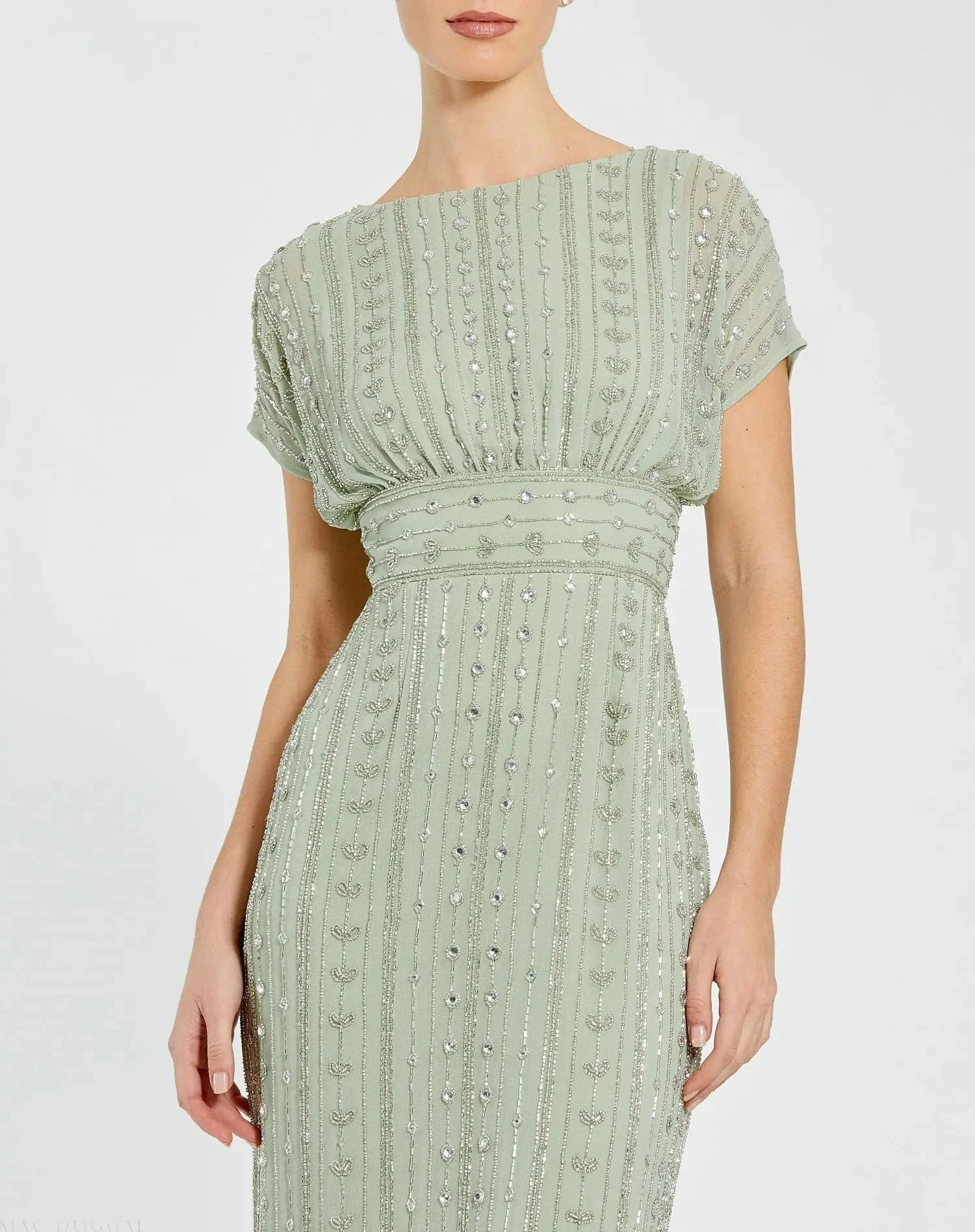 Green Beaded Cap Sleeve Empire Waist Sheath Midi Dress