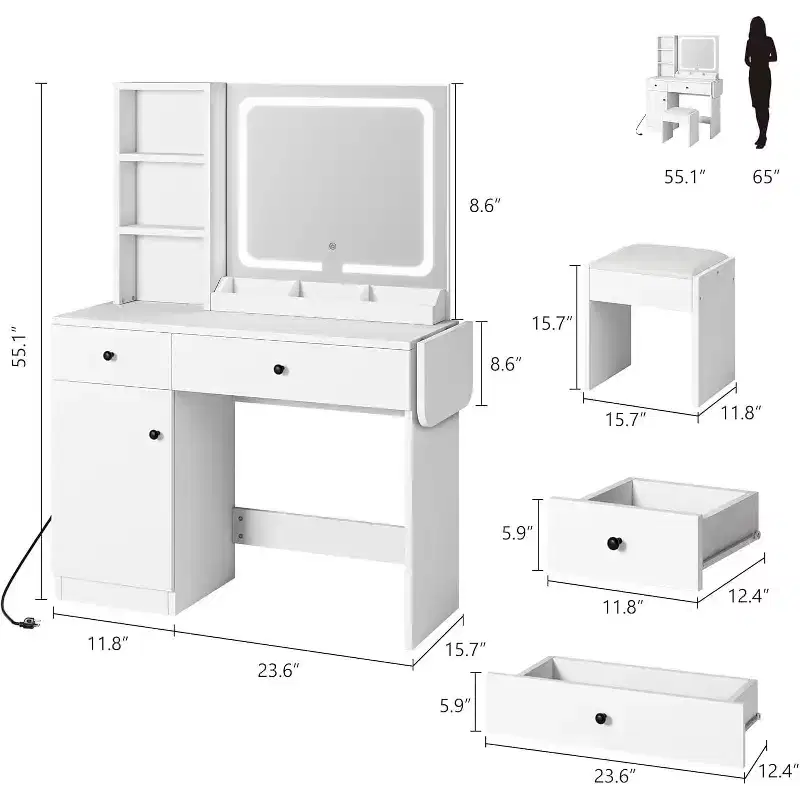 Makeup Vanity Desk with Mirror and Lights, Vanity Table Set with Drawer & Power Outlet & Storage Chair & 3 Shelves, White