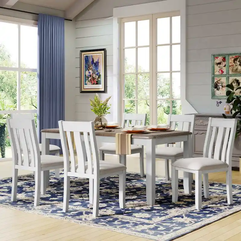 Retro Style 7-Piece Dining Table Set with Extendable Table and 6 Upholstered Chairs