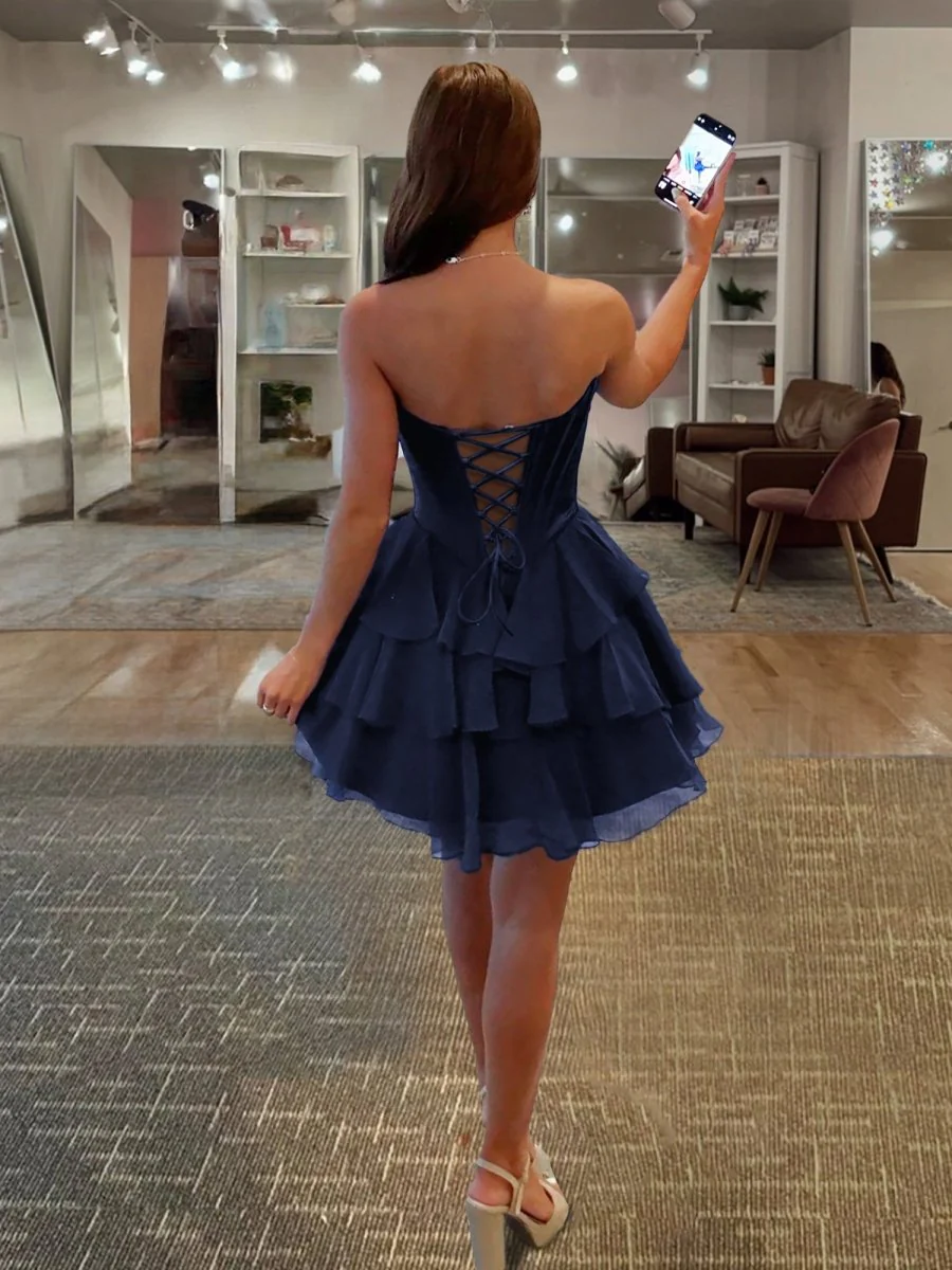 Navy Blue - A-Line Sweetheart Corset Ruffle Homecoming & Cocktail Dresses With Applique