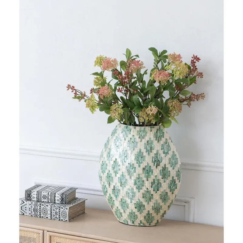 A&B Home Green and Tan Diamond Pattern Capiz Vase