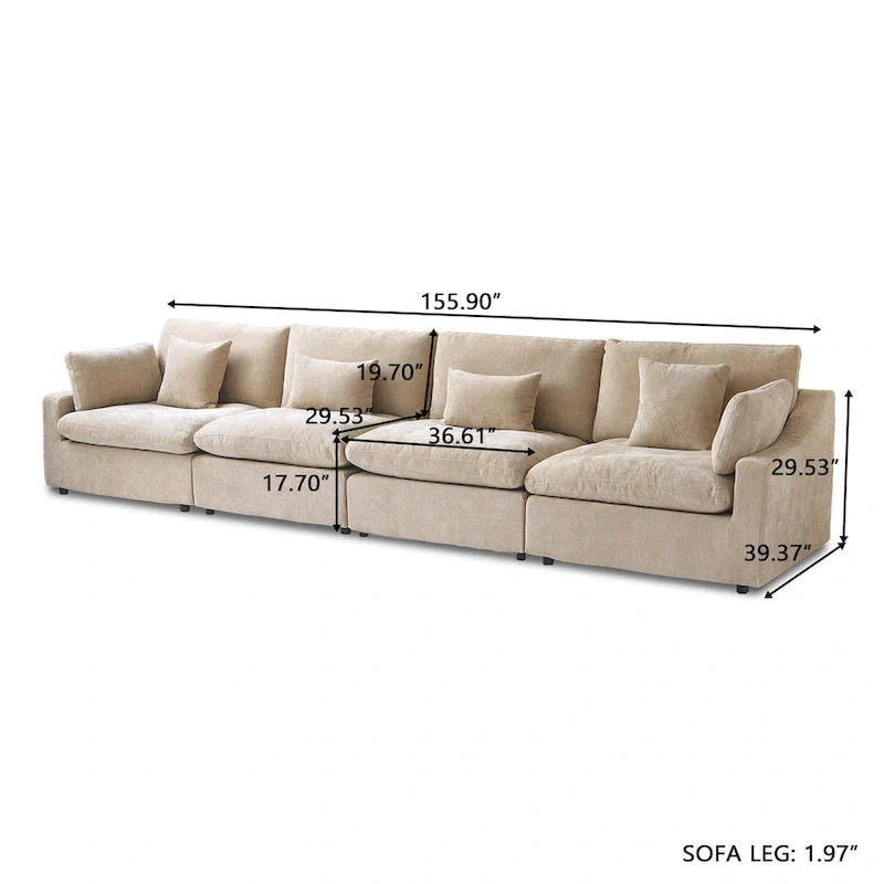 Classic Modern Linen Sectional Modular Sofa 4-Seater Down Filled Cloud Couch with Cushions