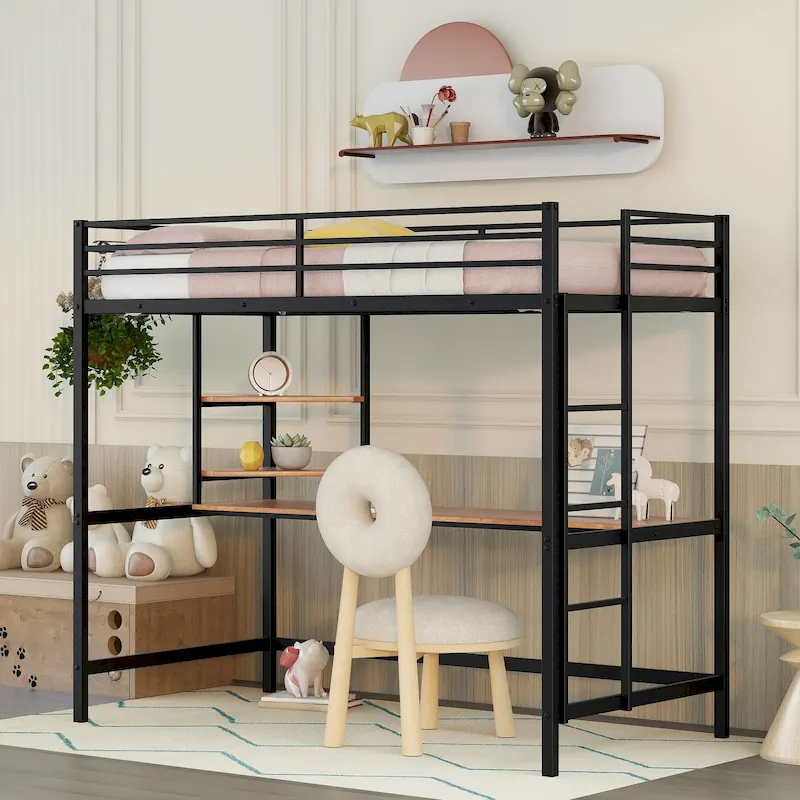 Black Twin Size Metal Loft Bed with Desk, Ladder, and Shelves for Kids