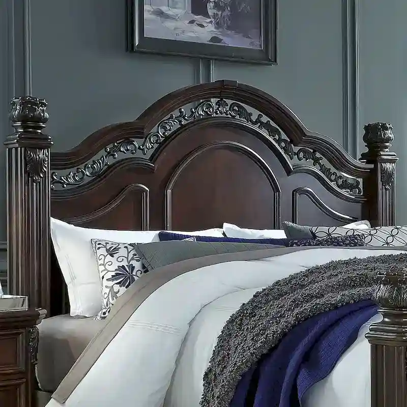 King Poster Headboard Dark Brown Cognac Finish Acanthus Leaf Carving Scrolled Metal Accent Poplar Rubberwood Birch 83.75