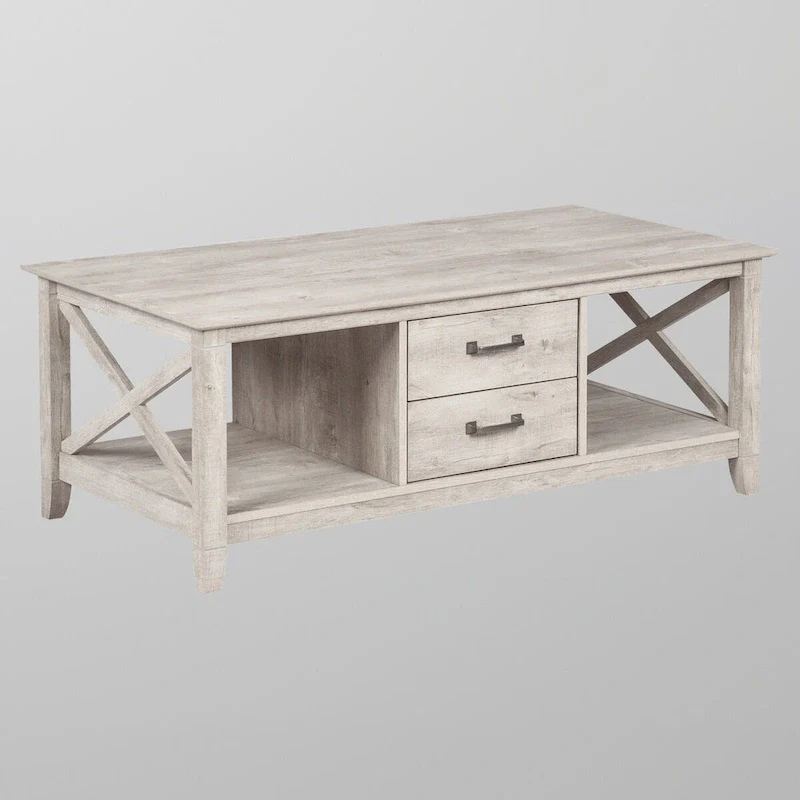 Washed Gray Coffee Table with 2 Drawers - Farmhouse Style