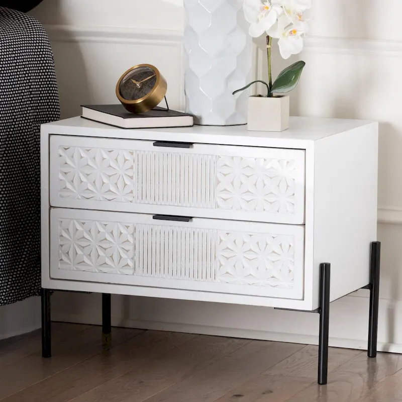 Merryn Mid-Century Transitional Distressed White Finished Wood and Black Metal 2-Drawer Storage Cabinet