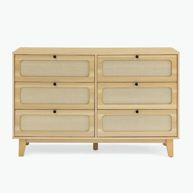 6-Drawer Dresser with Rattan Weave Fronts - Wood - 56 Inch
