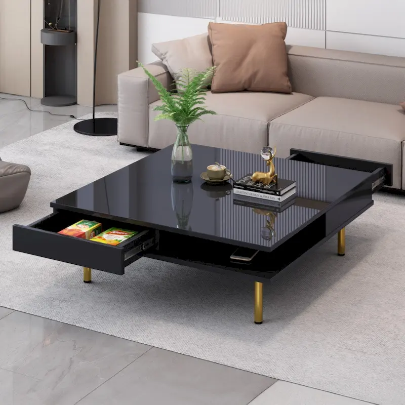 Exquisite High Gloss Coffee Table with 4 Golden Legs and 2 Small Drawers, 2-Tier Square Center Table for Living Room