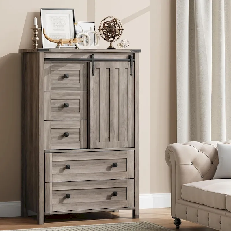 5 Drawer Dresser, Farmhouse Chest of Drawer with Sliding Barn Door