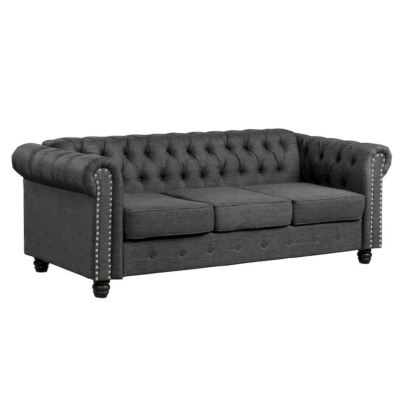 Linen Chesterfield Sofa with Button Tufted, Nailhead and Solid Wood Legs