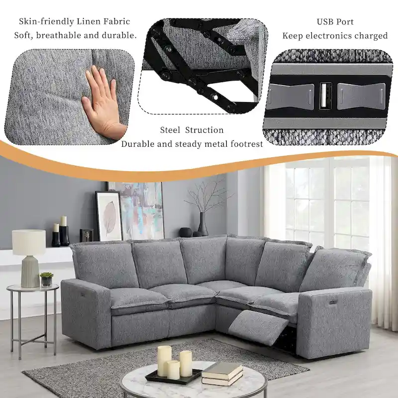Linen L-Shaped Sectional Sofa with Power Recliners & USB