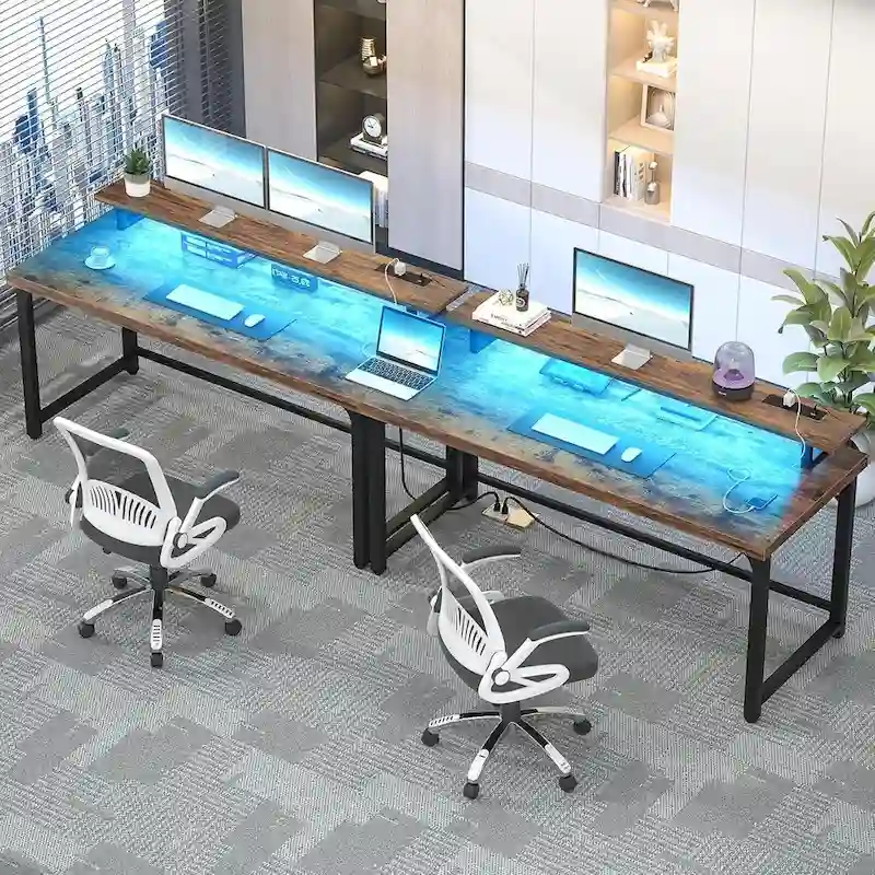 55 Inch Computer Desk with Socket and LED Light,Home Office Desk with 1.5 inch Thickened desktop,Writing Study Gaming Table