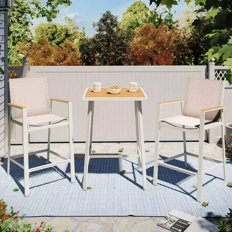LAUSAINT HOME 3-Piece Patio Bar Set, All Weather Textilene Bar Height Table and Chairs Set with Wood Like-Top Table