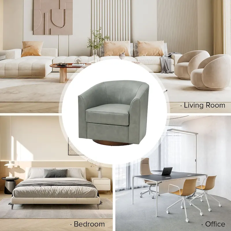 Swivel Barrel Chair, Modern Style, Genuine Leather – Brown / Sage / Camel, Single