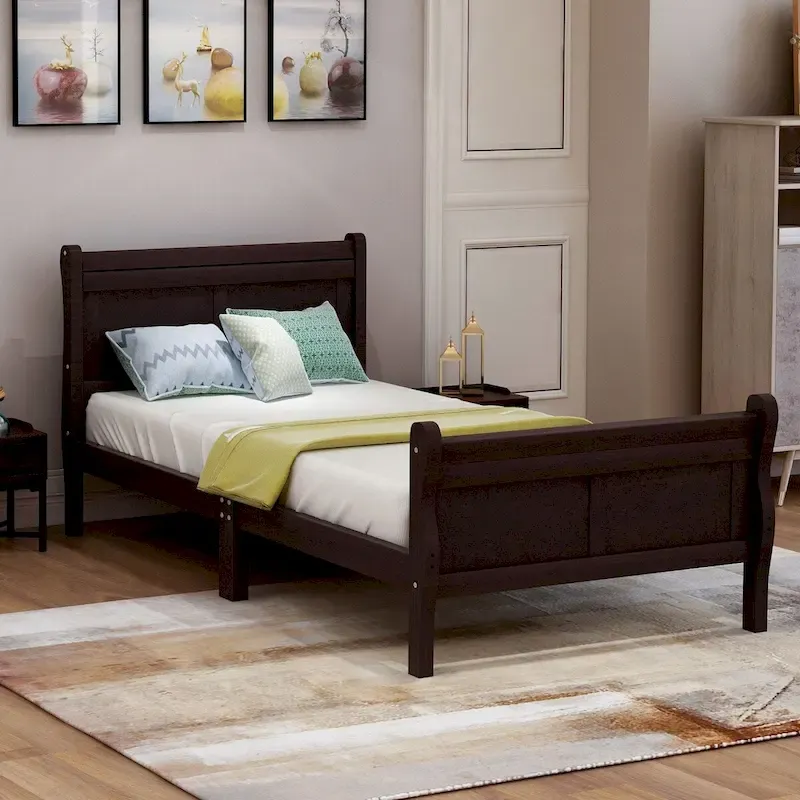 Espresso / White / Oak Solid Wood Sleigh Platform Bed with Headboard, Footboard & Wood Slats – 1 to 2-Sleeper