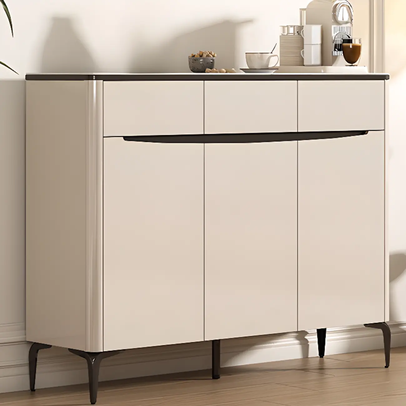 Khaki Wood Entryway Shoe Cabinet Marble Top