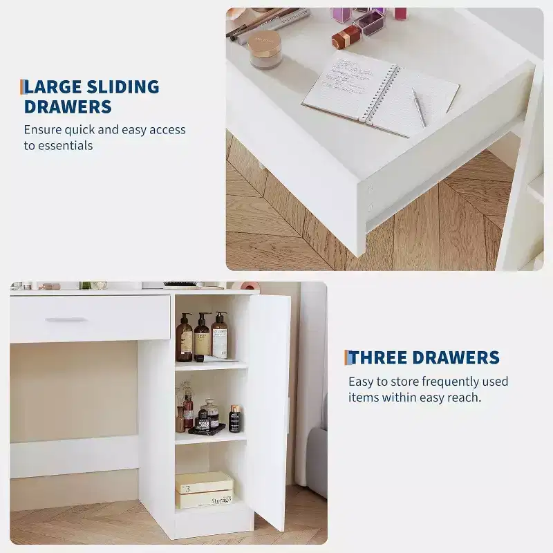 Vanity Table Set with PU Cushioned Stool, 35.4 Makeup Vanity Desk with Large Drawer & Cabinet & Hairdryer Rack, Modern Bedroom Dressing Table Set