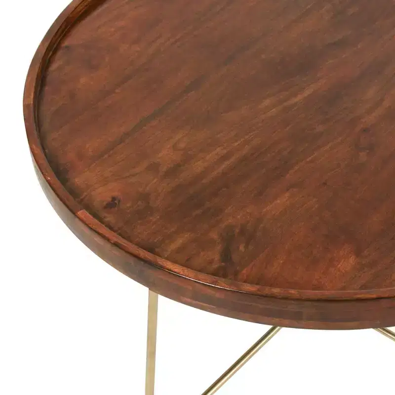 East at Main 32.38" Round Coffee Table Natural/Gold: Mango Wood Top, Criss Cross Brass Base, No Assembly Required