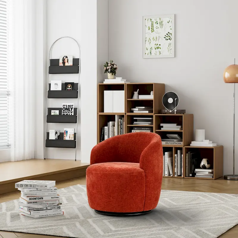 Green / Blue / Grey / White / Black / Orange / Yellow Chenille & Velvet 360° Swivel Barrel Accent Chair – Single