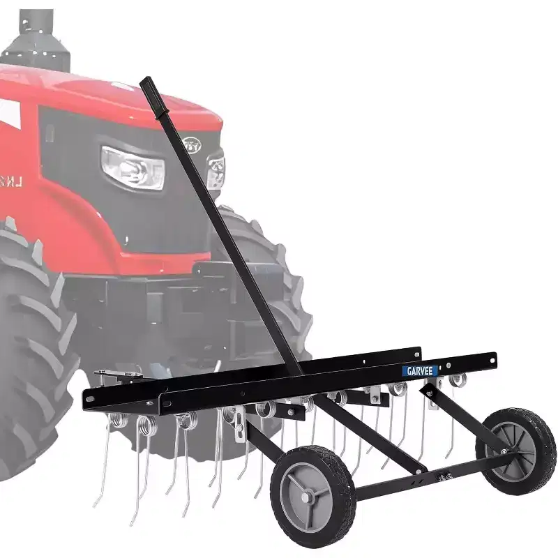 40 Tow-Behind Lawn Rake/Dethatcher with 24 Spring Steel Tines for ATV or Mower, Lift Handle & Gloves Included, Black