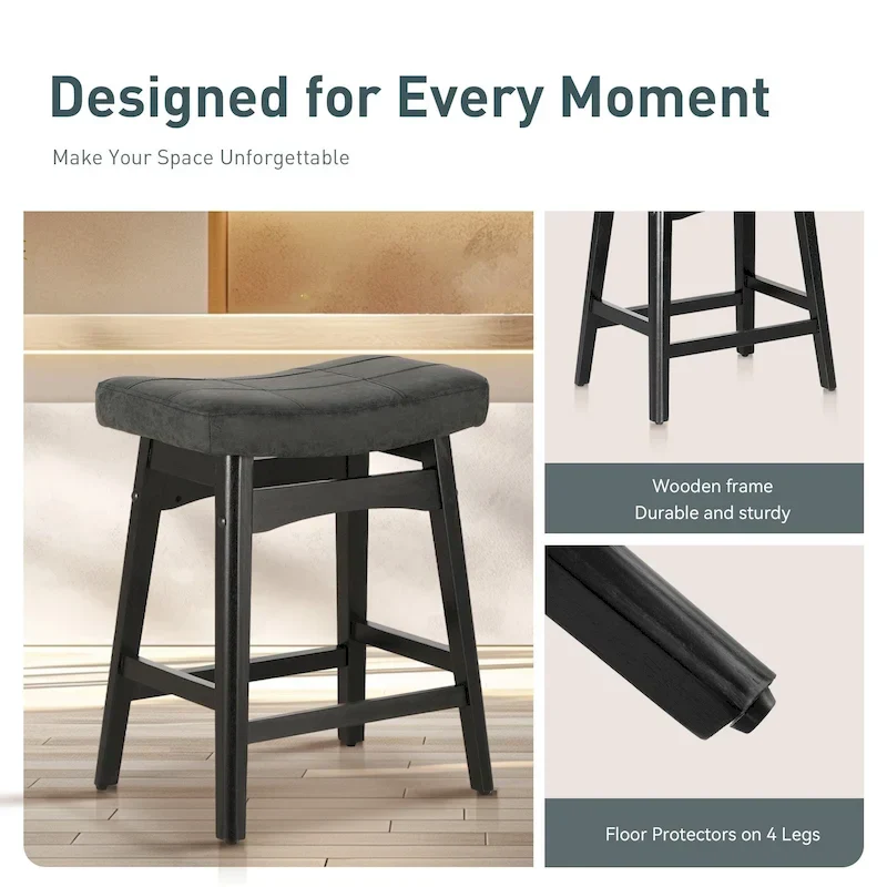 24 Inch Solid Wood Barstools with Linen / PU Leather Fabric Cushion, Set of 2