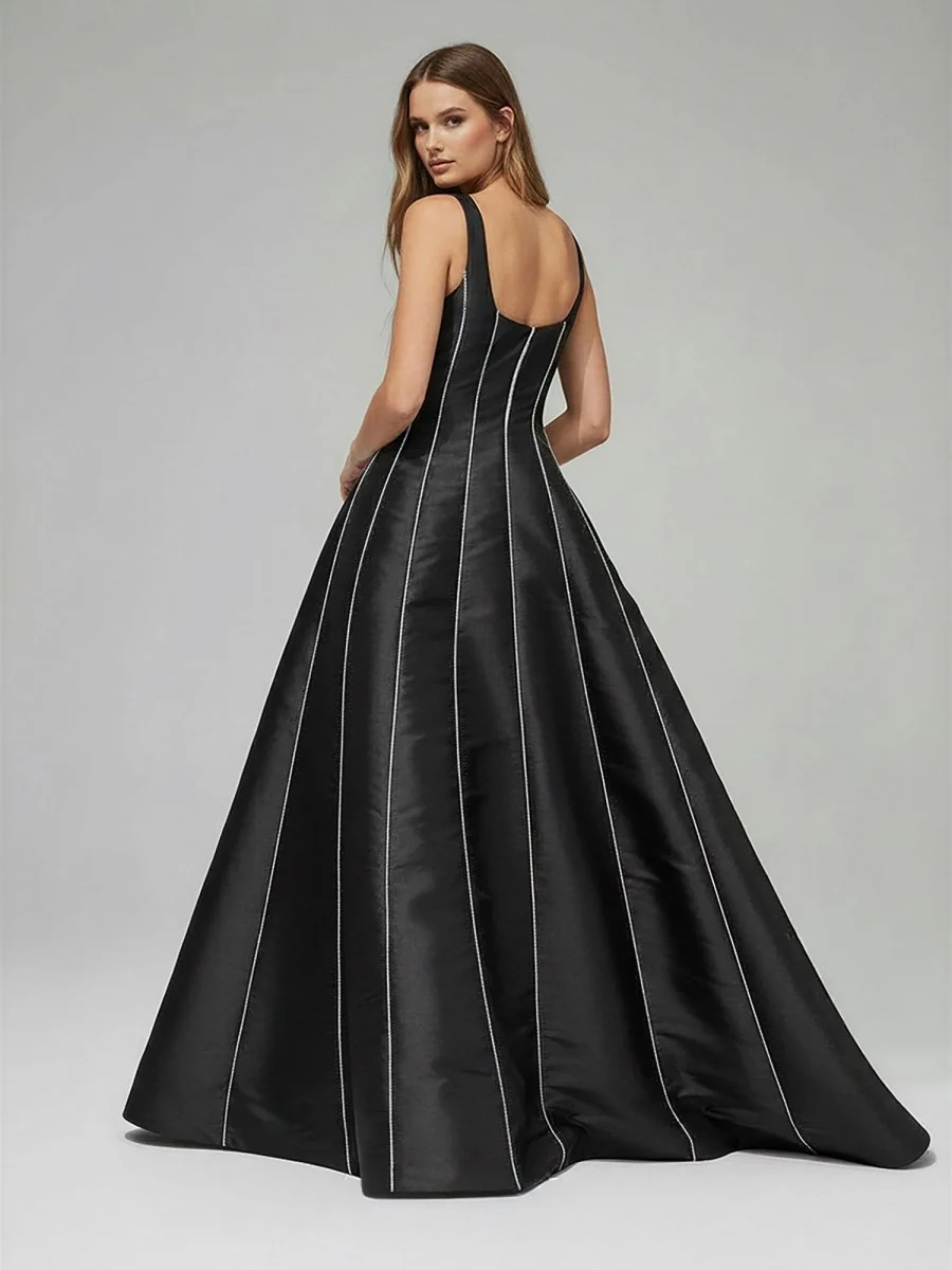 Black A-Line Straps Square Beads Pleated Long Prom Dress