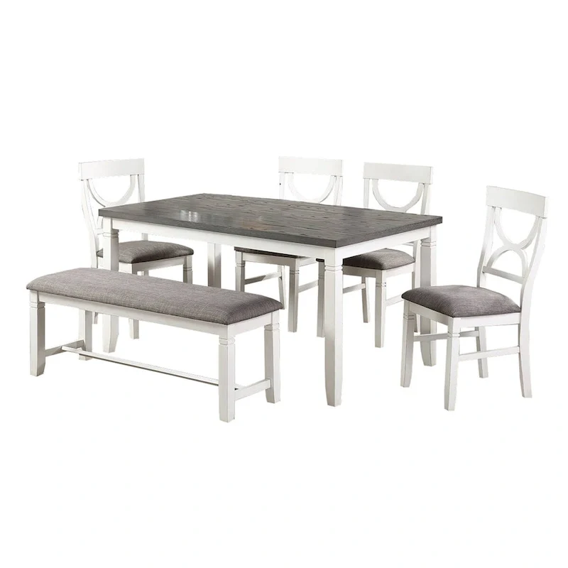 6 Piece Dining Set with Cut Out Back Chairs and Padded Bench, White and Gray