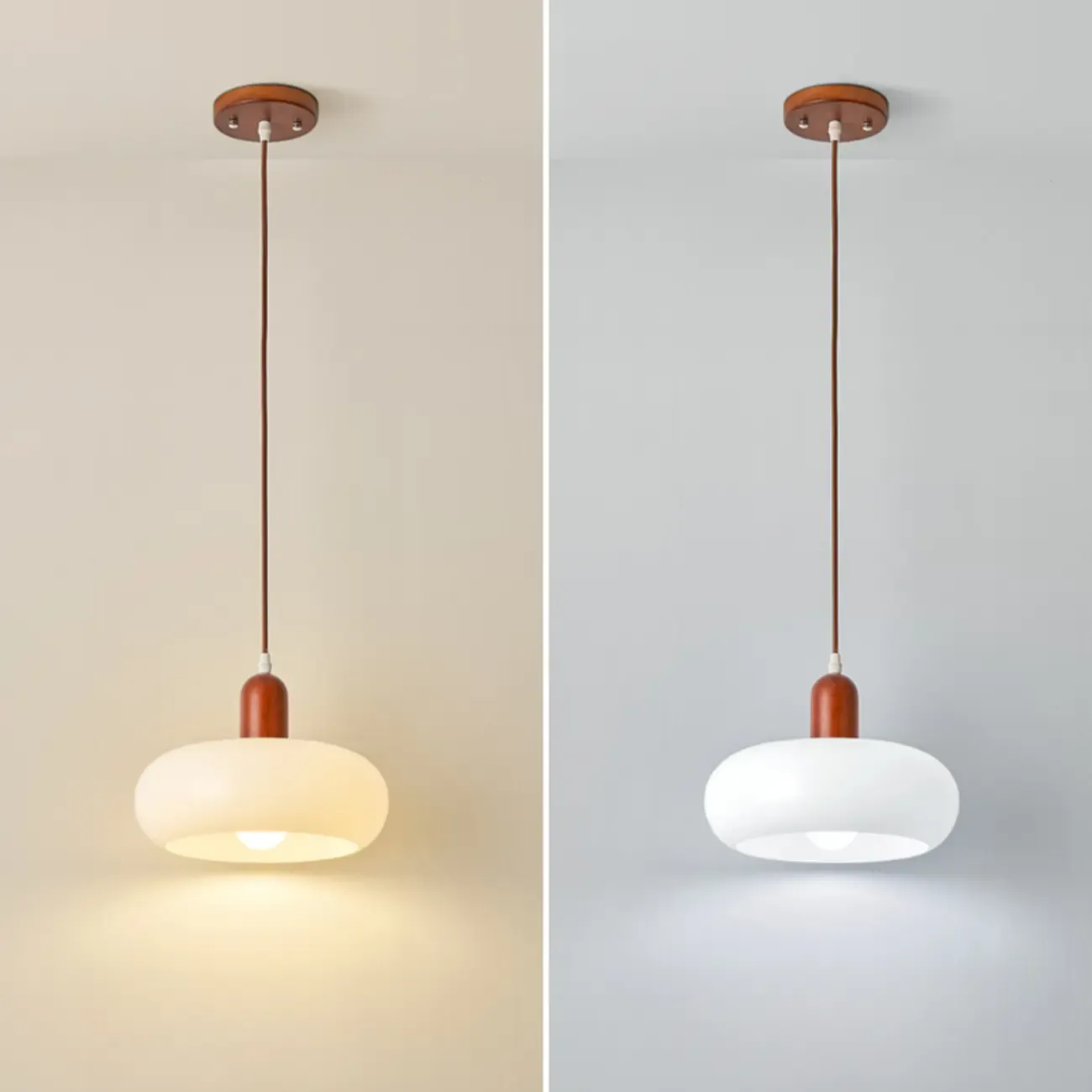 Modern White Glass Pendant Light with Solid Wood Accent