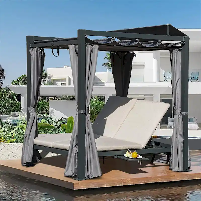 Patio Aluminum Retractable Canopy Bed with Cushion & Cup Holder