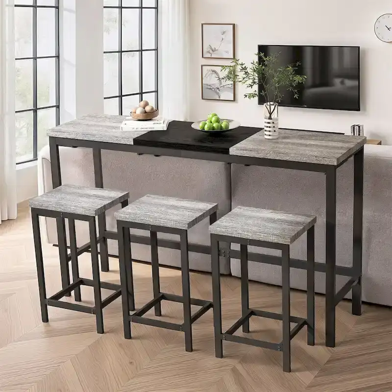Black / Natural, Bar-Height, 4-Person Pub Table Set with Hanging Stools