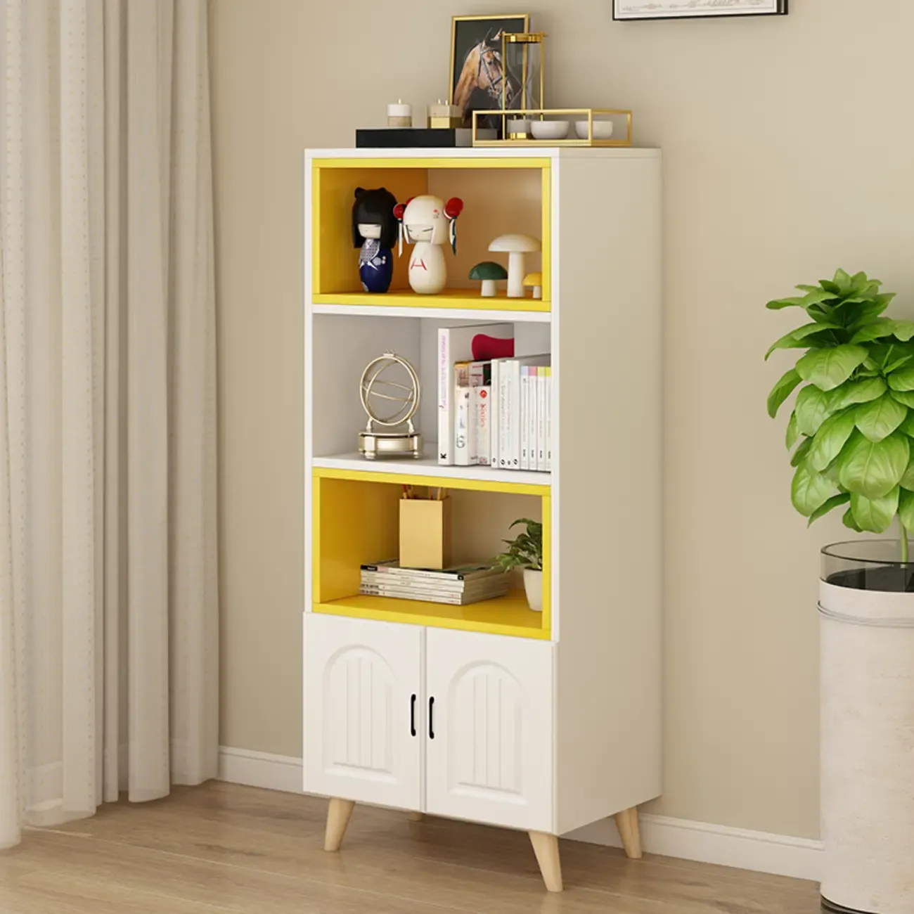 Wood 3-Tier White and Yellow Cube Bookcase with Cabinet