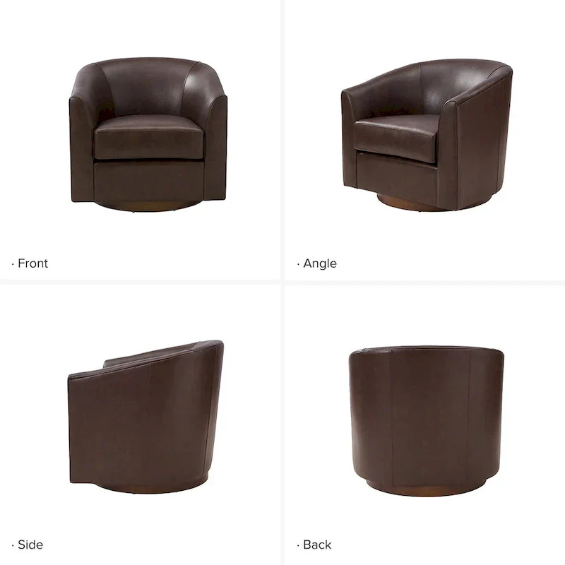 Brown Genuine Leather Swivel Barrel Chairs - Set of 2