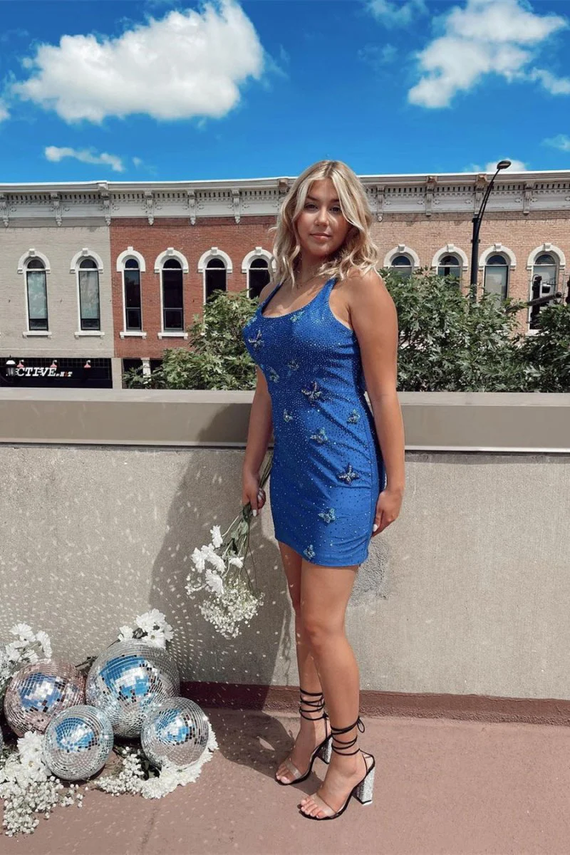 Royal Blue Satin Sleeveless Homecoming Dress With Beads