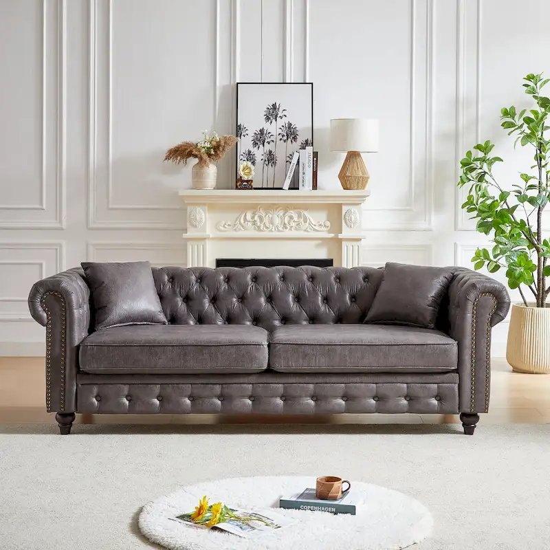 Gray Tufted Sofa with Rolled Arms - 3 Seater