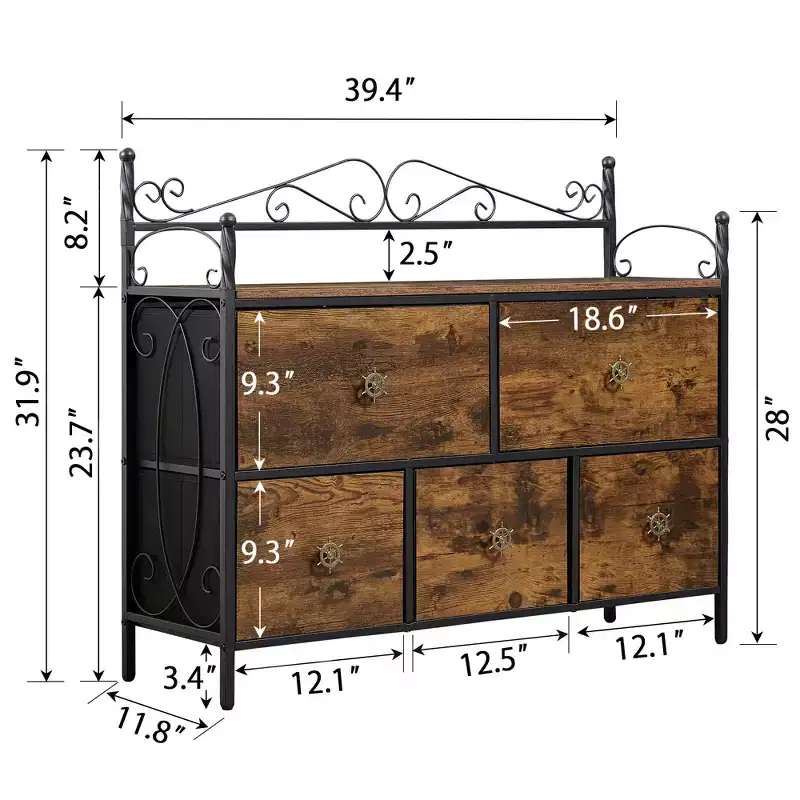 VECELO Wooden Top Dresser with 5 Drawers, Bedside/End Table for Living Room or Bedroom, Easy Pull Handle, Brown/Gray