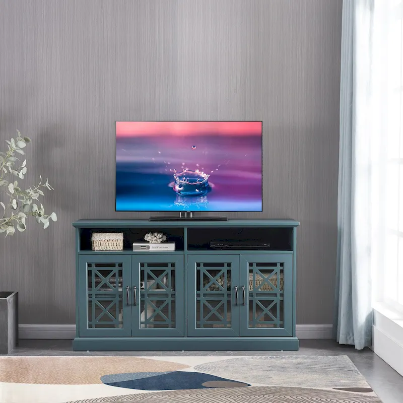Blue & Black Buffet Sideboard Cabinet with Glass Doors, 2-Person Household